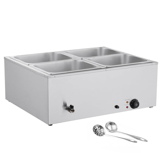 KFFKFF Commercial Food Warmer, 1500W Electric Stainless Steel Steam Heater with Lid, 4-Pan Countertop Buffet Bain Marie for Catering, Restaurants, and Events, Includes Soup & Perforated Ladles