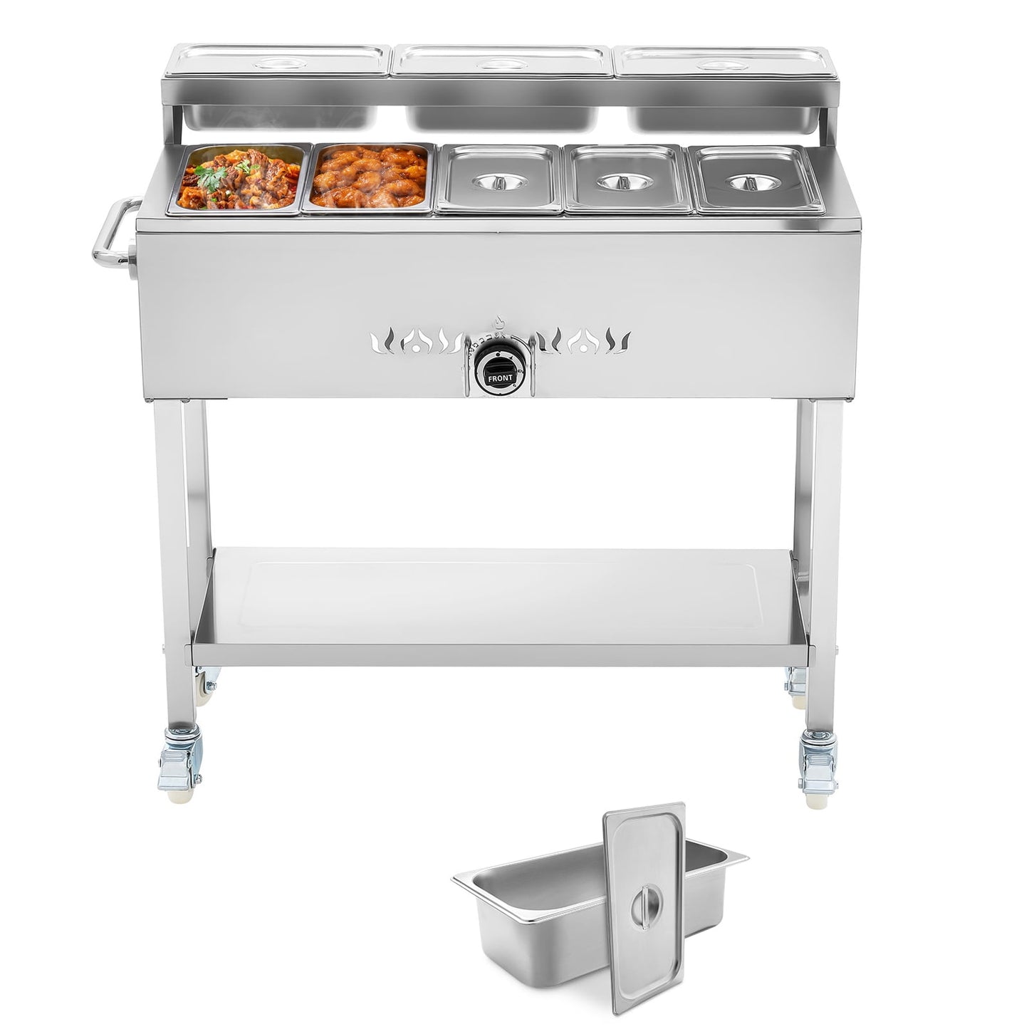 KFFKFF Commercial Propane Steam Table with 5 Food Pans & 3 Condiment Pans, LP Gas Outdoor Soup Warmer with Drain Valve and 3" Wheels, Stainless Steel Food Warmer with Adjustable Temperature
