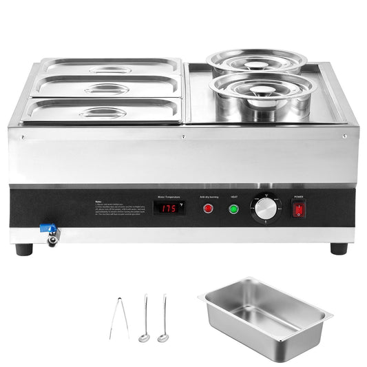 KFFKFF Commercial Soup Warmer, Electric Food Warmer Steam Table Countertop Bain Marie Two 6.34QT Pots & Three 1/3 Pans，86~185°F Adjustable Temp,1500W
