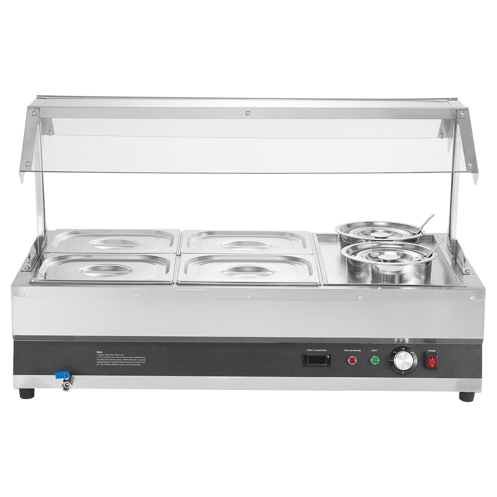 KFFKFF Commercial Soup Warmer, Electric Food Warmer Steam Table Countertop Bain Marie Two 6.34QT Pots & Four 1/2 Pans，86~185°F Adjustable Temp,1500W