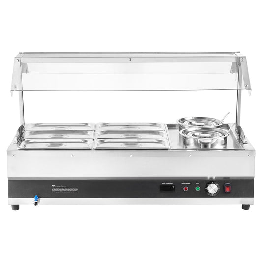 KFFKFF Commercial Soup Warmer, Electric Food Warmer Steam Table Countertop Bain Marie Two 6.34QT Pots & Six 1/3 Pans，86~185°F Adjustable Temp