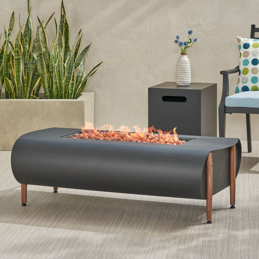 Noble House 25.5" x 50" 50000 BTU Propane Dark Gray Finish Resin, Metal and Iron Fire Pit