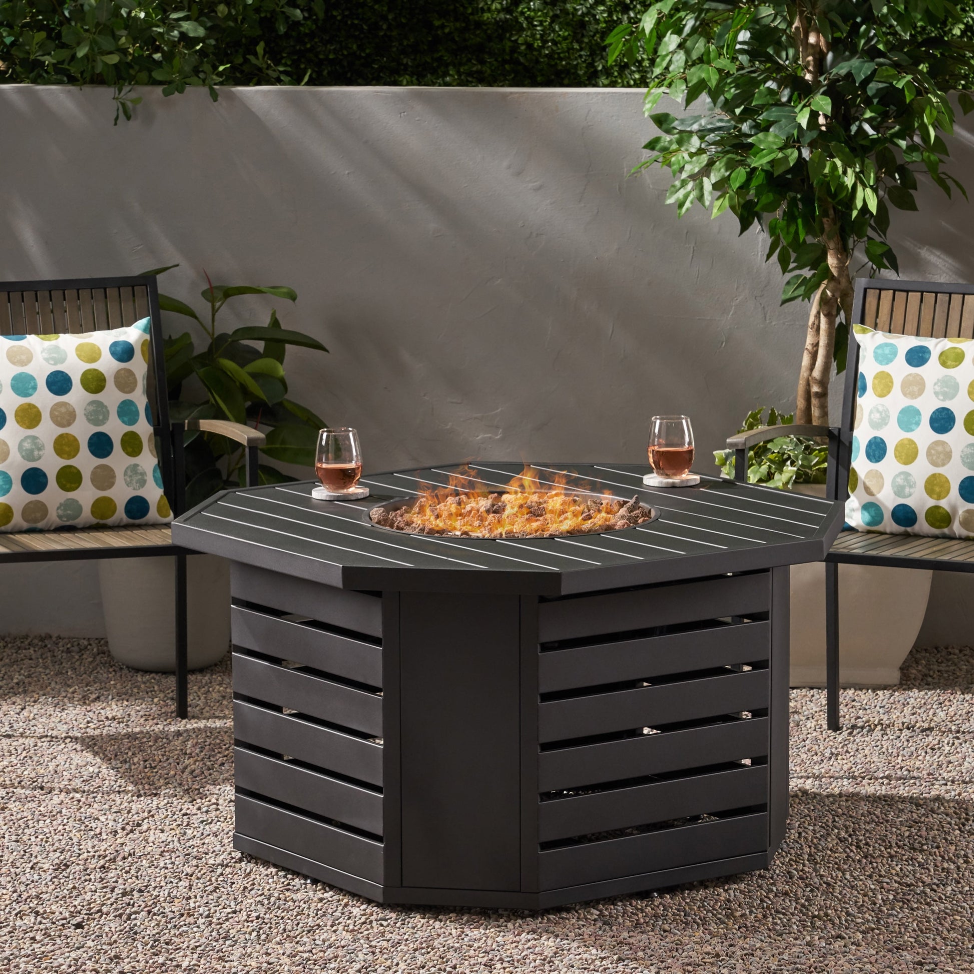 Noble House Rene Outdoor Octagonal Iron Fire Pit in Matte Black