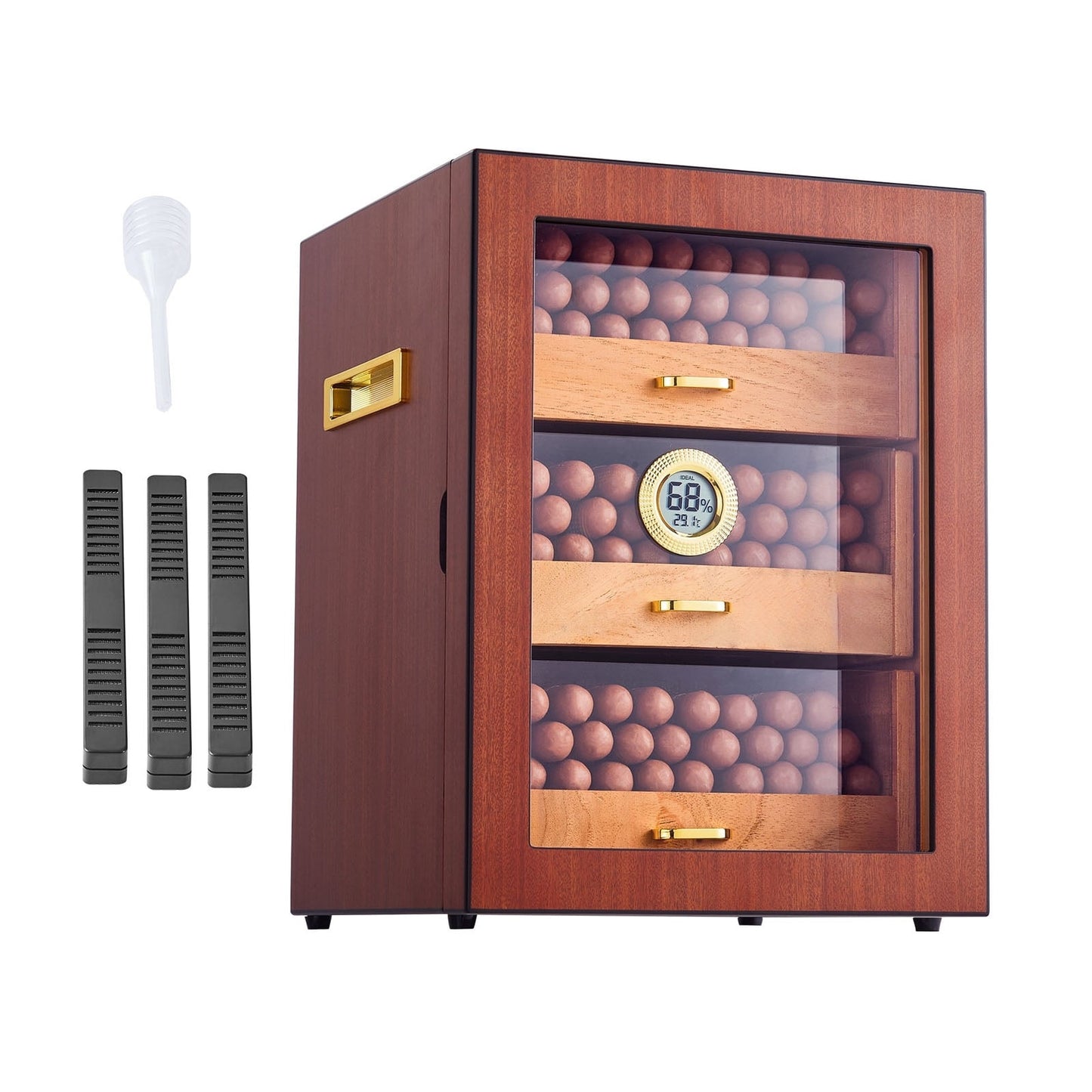 KFFKFF Cigar Storage Cabinet, Crafted from Spanish Cedar, Holds 100-150 Cigars, Features Glass Top, Digital Humidity Control, Hygrometer, Shelving, and Handle - Ideal Men's Gift