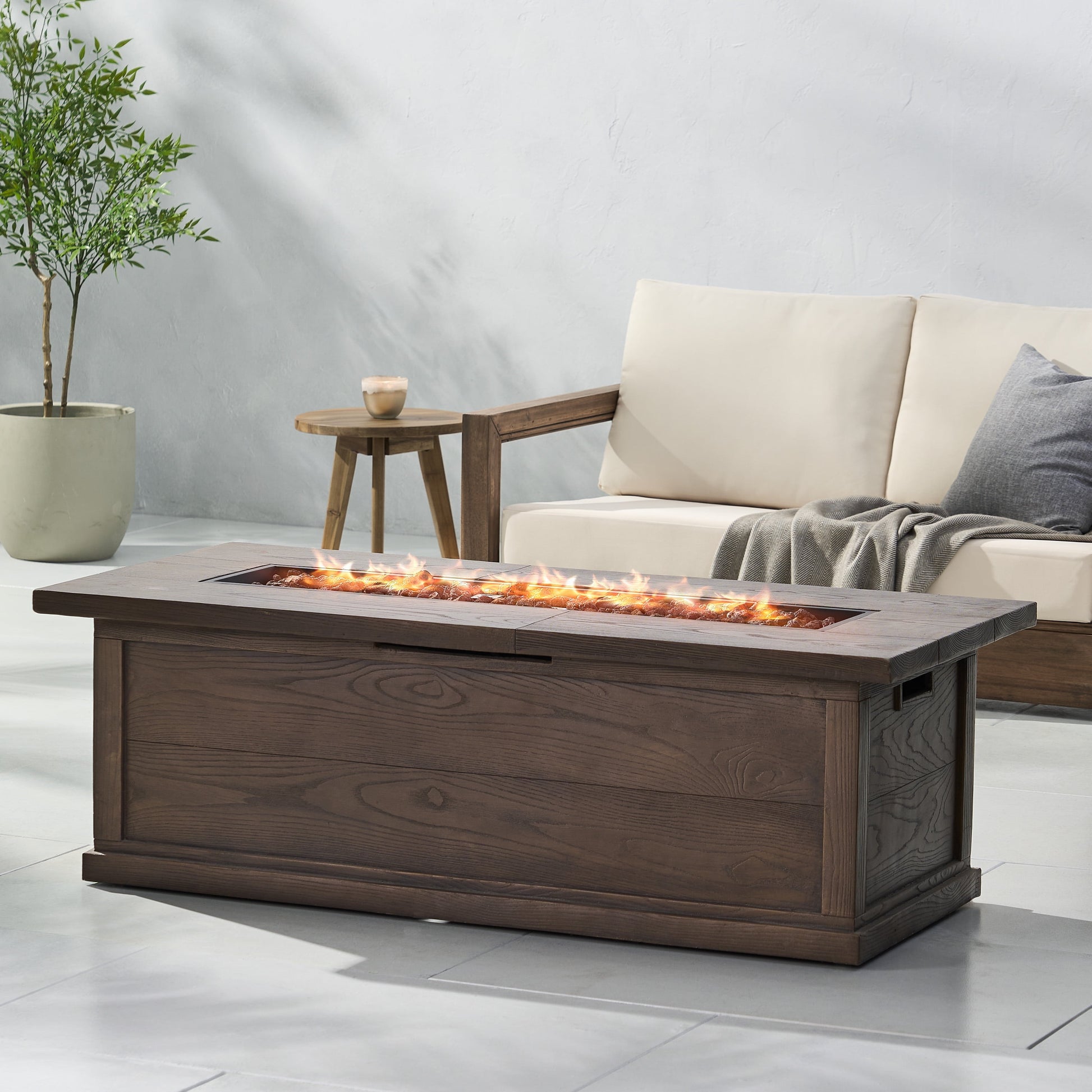 Sorrento Lightweight Concrete Outdoor 50,000 BTU Rectangular Fire Pit (No Tank Holder), Brown Wood Pattern