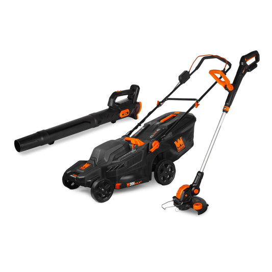 WEN 20V Max Cordless 19-Inch Lawn Mower, String Trimmer, and Leaf Blower Combo Kit with Two 5Ah Batteries and Dual Port Charger (20VK3TBM)