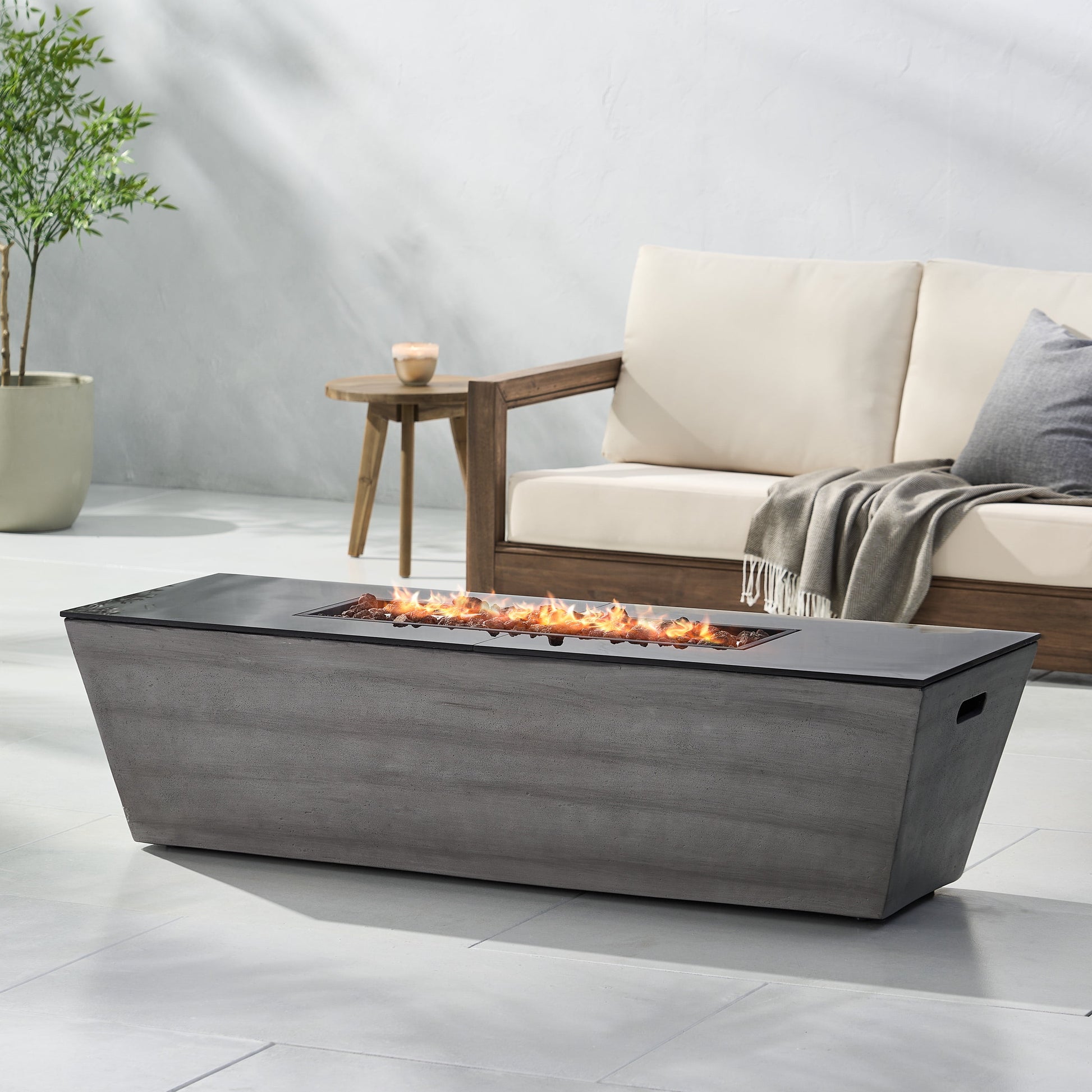 Warren Lightweight Concrete and Ceramic Outdoor 50,000 BTU Rectangular Fire Pit (No Tank Holder), Dark Gray and Black